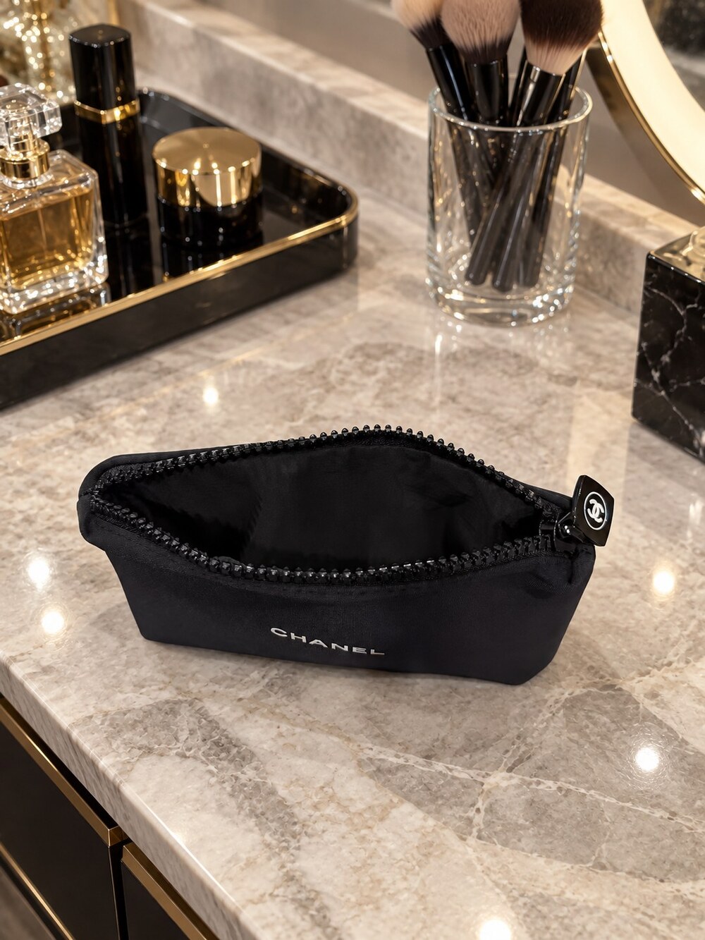 Chanel Black Zip Cosmetic Pouch | Compact Zippered Design - Picture 4 of 6